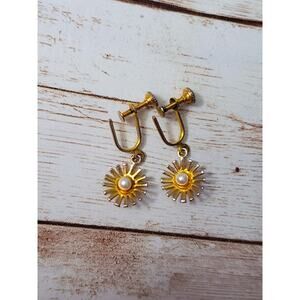 Vintage Screw On Earrings - Gold Tone Flower Like Dangle with Faux Pearl